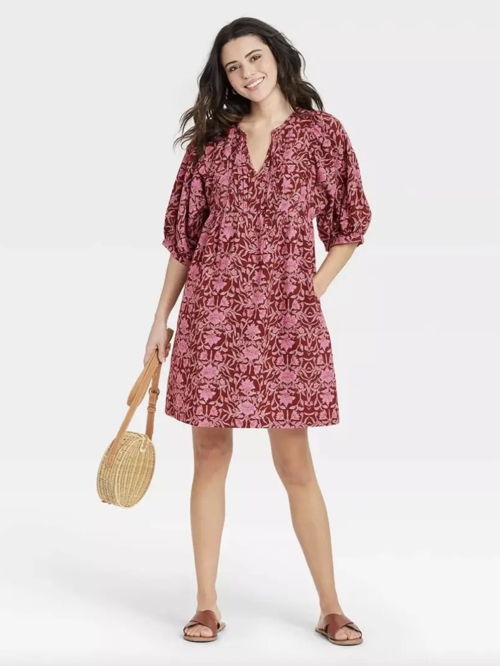 🩷 Universal Thread Pink Floral Puff-Sleeve Mini Dress Size M